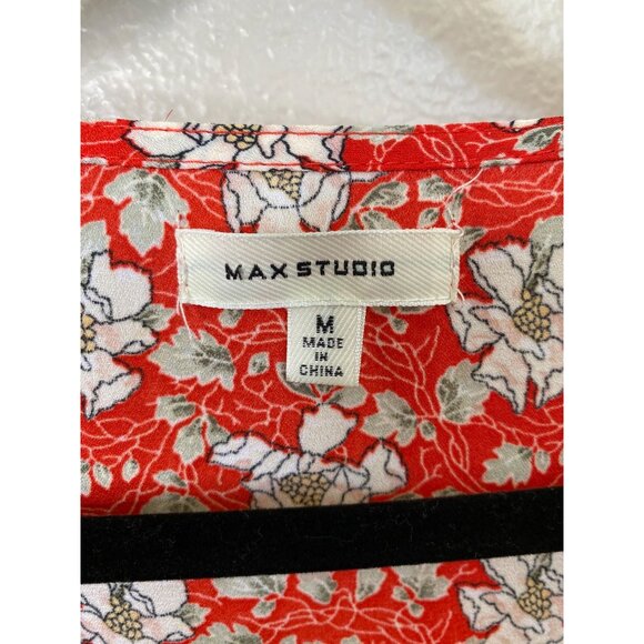 Max Studio Womens Red Floral Wrap Tie Blouse Size M Lightweight Short Sleeve Top - Picture 4 of 7
